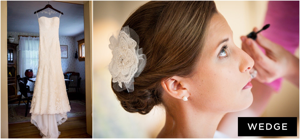 Getting ready at her childhood home, with her wedding dress hanging nearby.