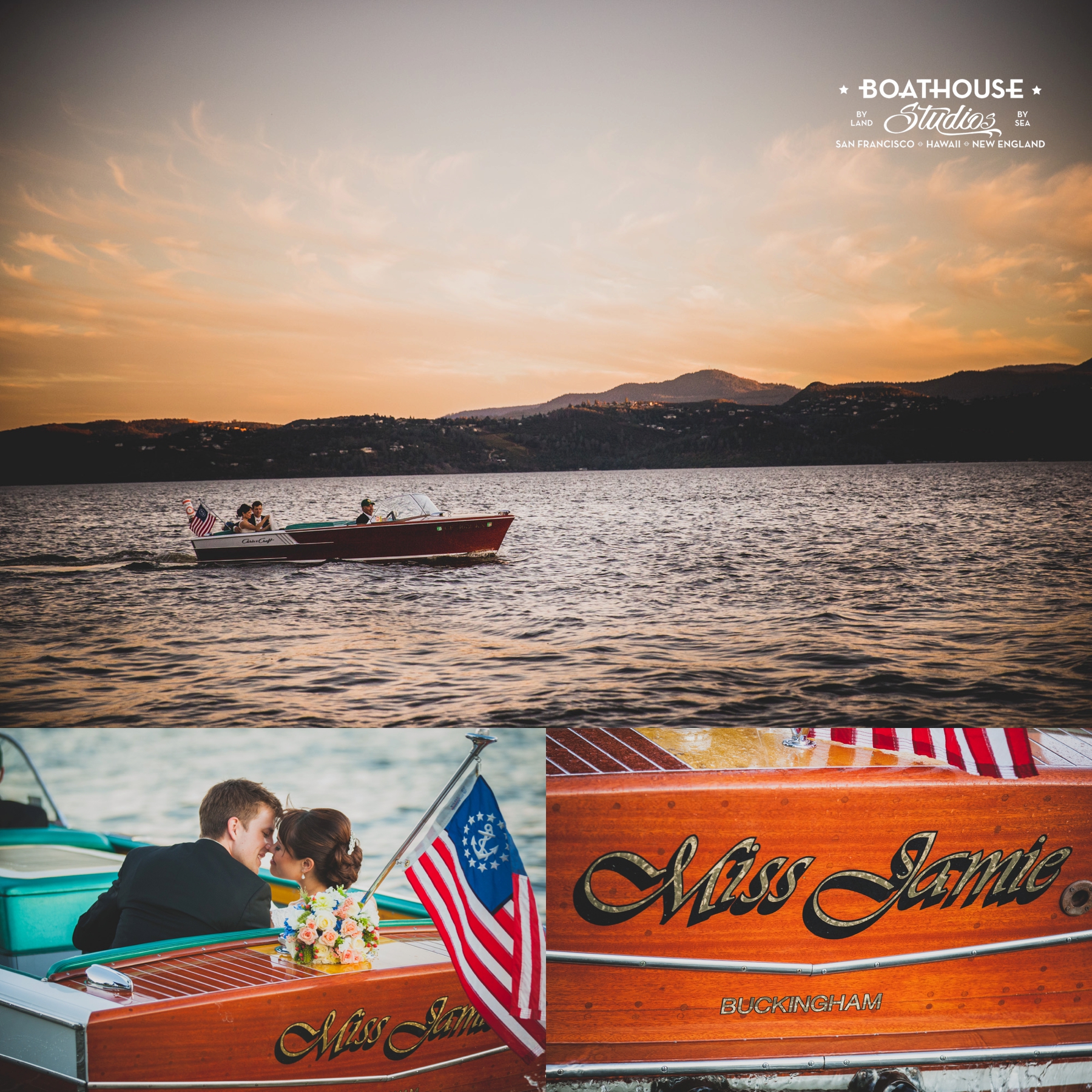 The antique Chris Craft just happened to share it's name with the bride. Beautiful sunset on Clearlake.